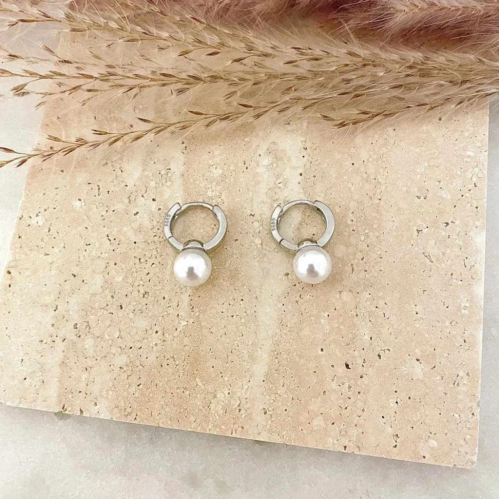 925 Sterling Silver Pearl Huggie Earrings Small Huggie Hoop Earrings - Picture 5 of 5